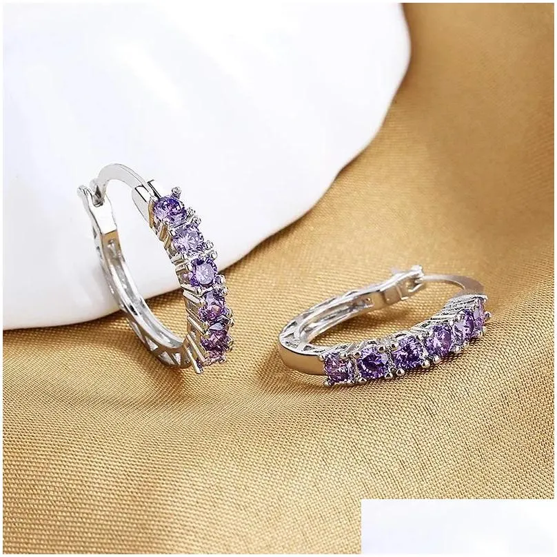 hoop earrings stamp inlaid purple zircon women hollow ear buckle loop korean valentines day silver color jewelry