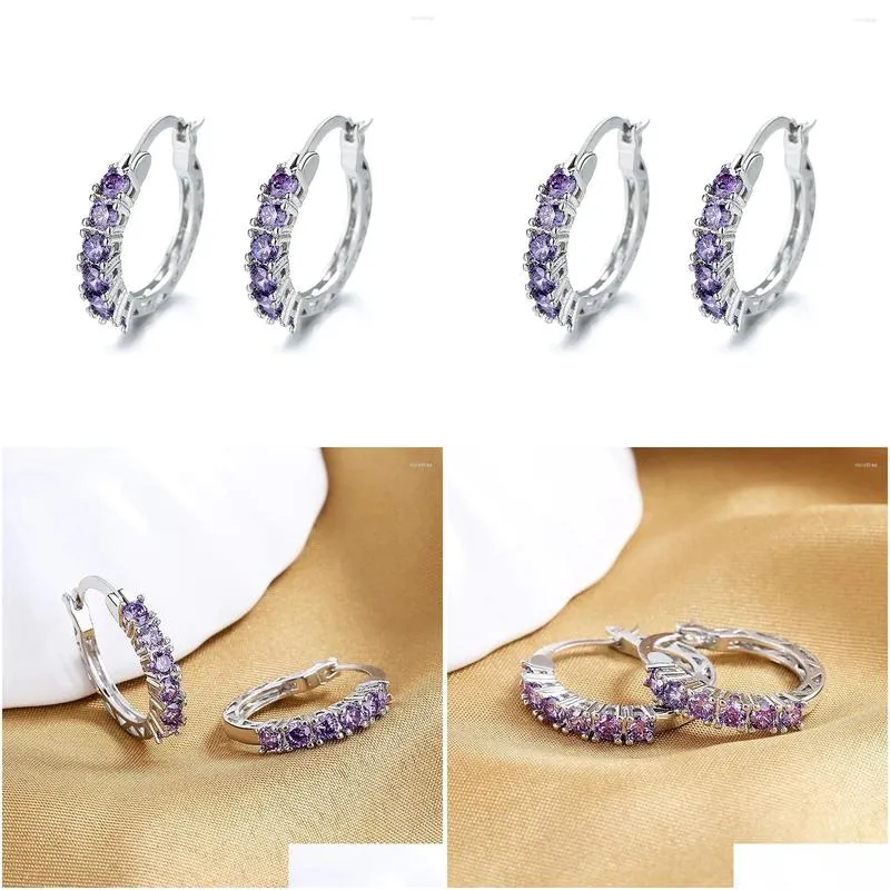 hoop earrings stamp inlaid purple zircon women hollow ear buckle loop korean valentines day silver color jewelry