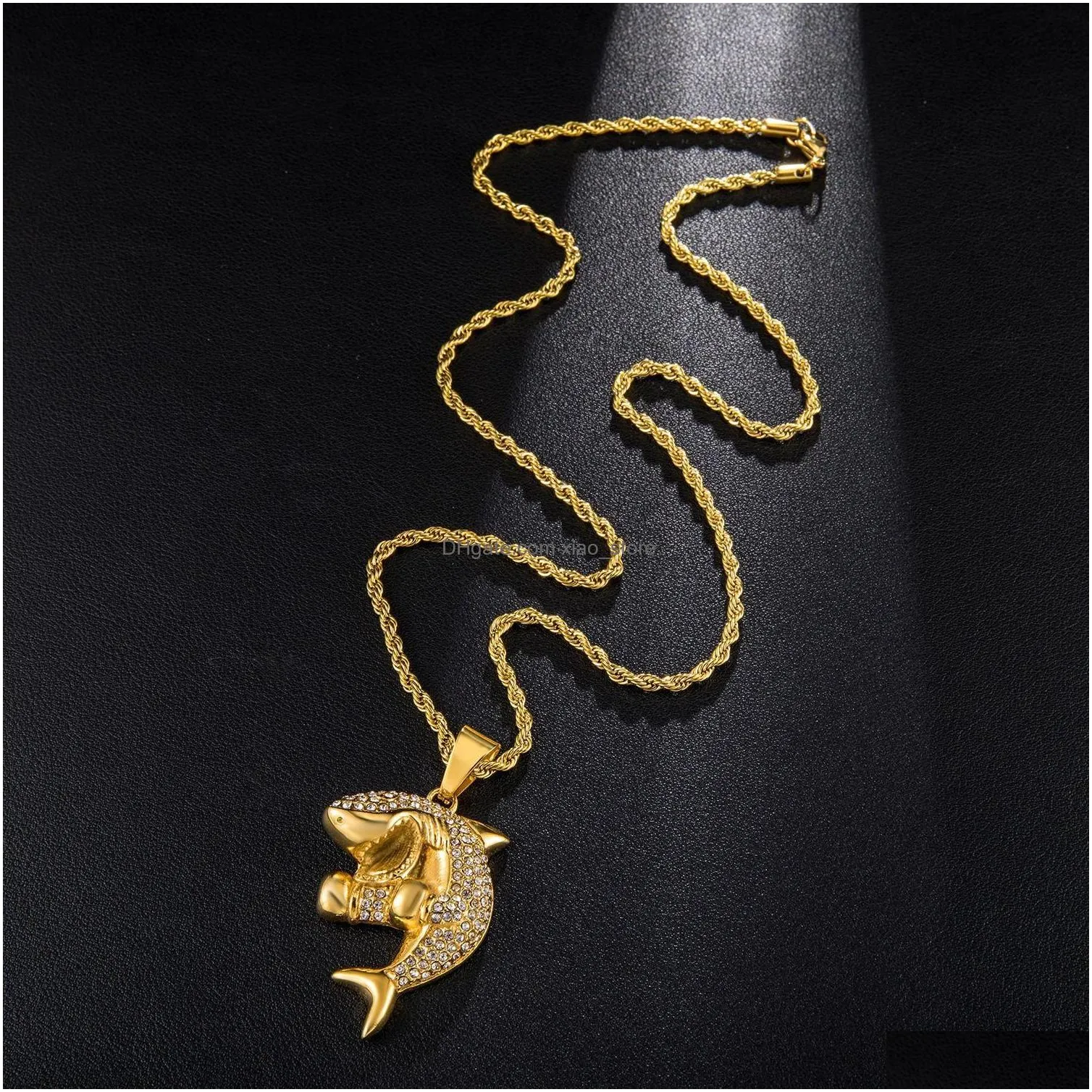 Pendant Necklaces Fashion Gold Plated Stainless Steel Bling Diamond Mens Shark Chain Necklace Personalized Hip Hop Rapper Jewelry Gi Dhgzu