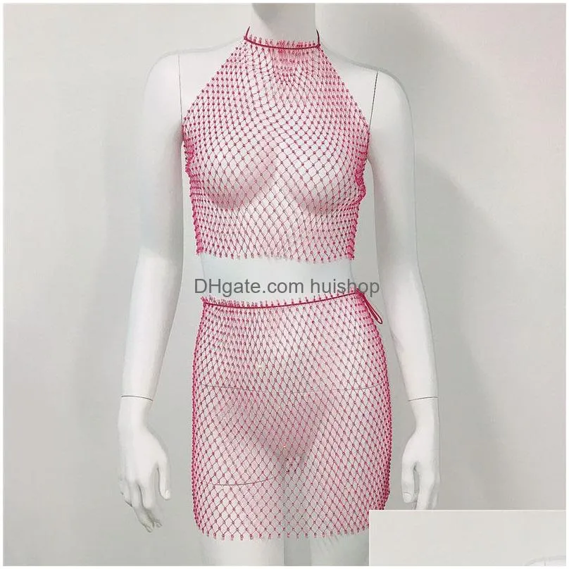womens swimwear women mesh fishnet cover up mini skirt set sexy hollow-out bikinis cover-ups beach rhinestones swimsuit wrap