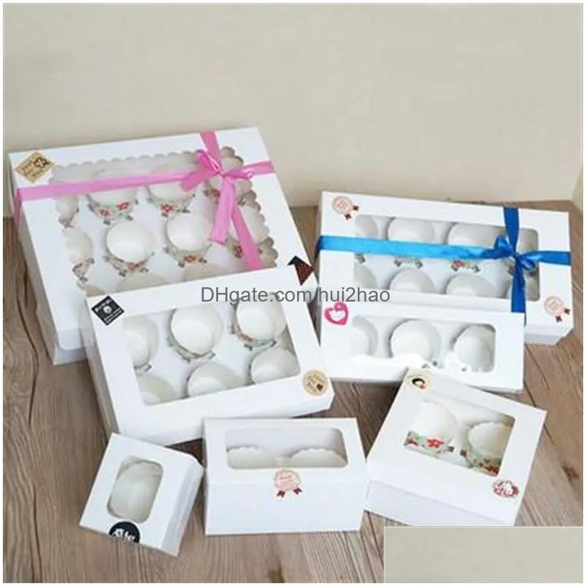 20pcs white kraft paper box with window 1 2 3 4 6 8 hole cupcake box insert small large cake packing muffin cardboard199c