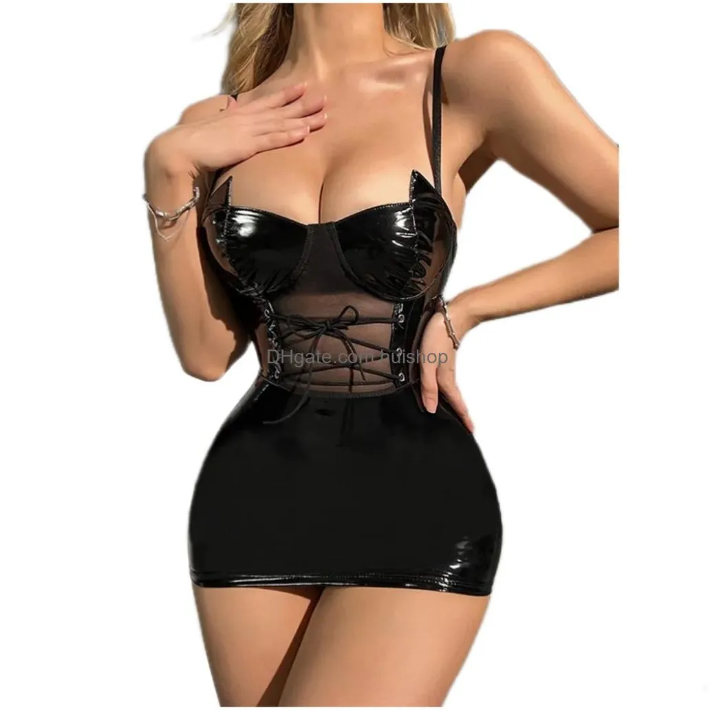 casual dresses autumn solid mesh see throughwork pu dress women sexy body-shaping vestido femal party streetwear clothing