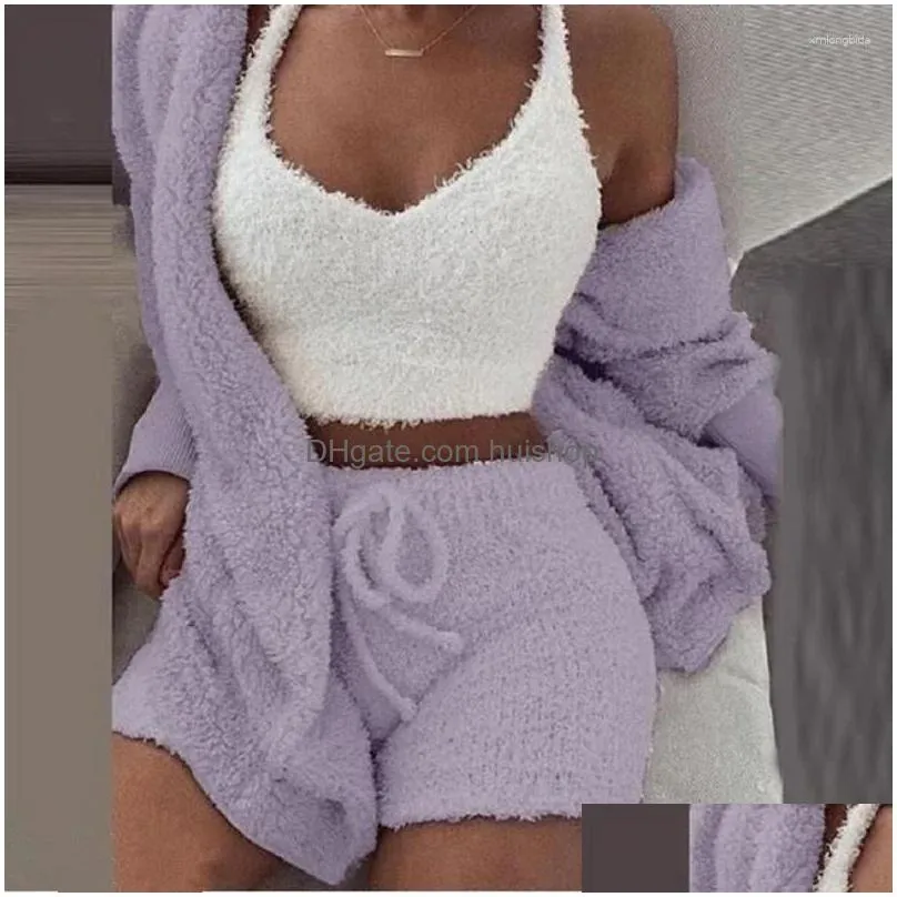 womens sleepwear cozy knit 3 pieces set fluffy pajamas women casual tank top and shorts plus size hoodie leisure homsuit winter