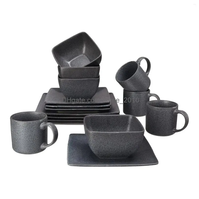 plates dark gray square stoare 16-piece dinnerware set