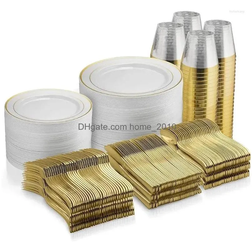 plates munfix 600 piece gold plastic dinnerware set disposable - 100 rim 10 inch and 7