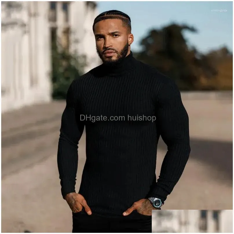 mens t shirts father sons classic black ribbed knit roll neck pullover men long sleeve t-shirt sports fitness tight casual bottom