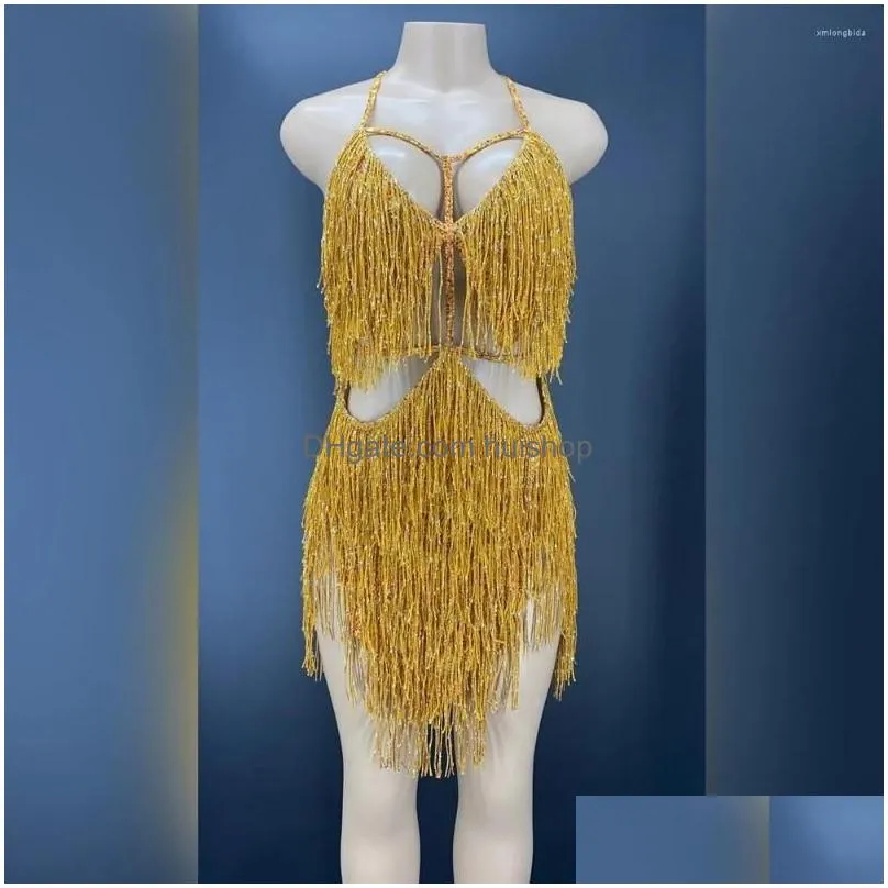 stage wear gold fringes dance costume party outfit tassel bodysuit evening birthday show gogo performance dress