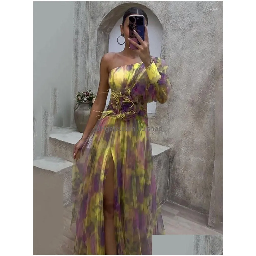 casual dresses elegant pleated flower print dress women fashion one shoulder sleeve waisted long robes vestidos 2023 lady evening