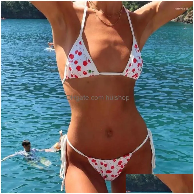 womens swimwear sexy cherry print bandage bikini suit 2024 summer cute swimsuit lace up thong halter white 2-piece set party