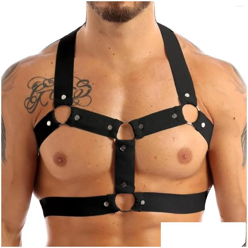 catsuit costumes sexy men elastic shoulder strap chest muscle harness belt with metal o-rings and studs fancy club party costume