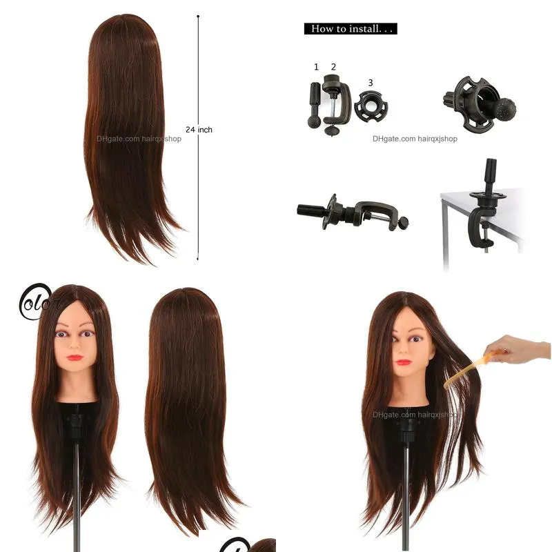 Hair Bun Maker Real Human Hair Mannequin Head Hairdressing Cutting Braiding Practice Clamp Holder Salon Training Tool Drop Delivery Ha Dhl2V