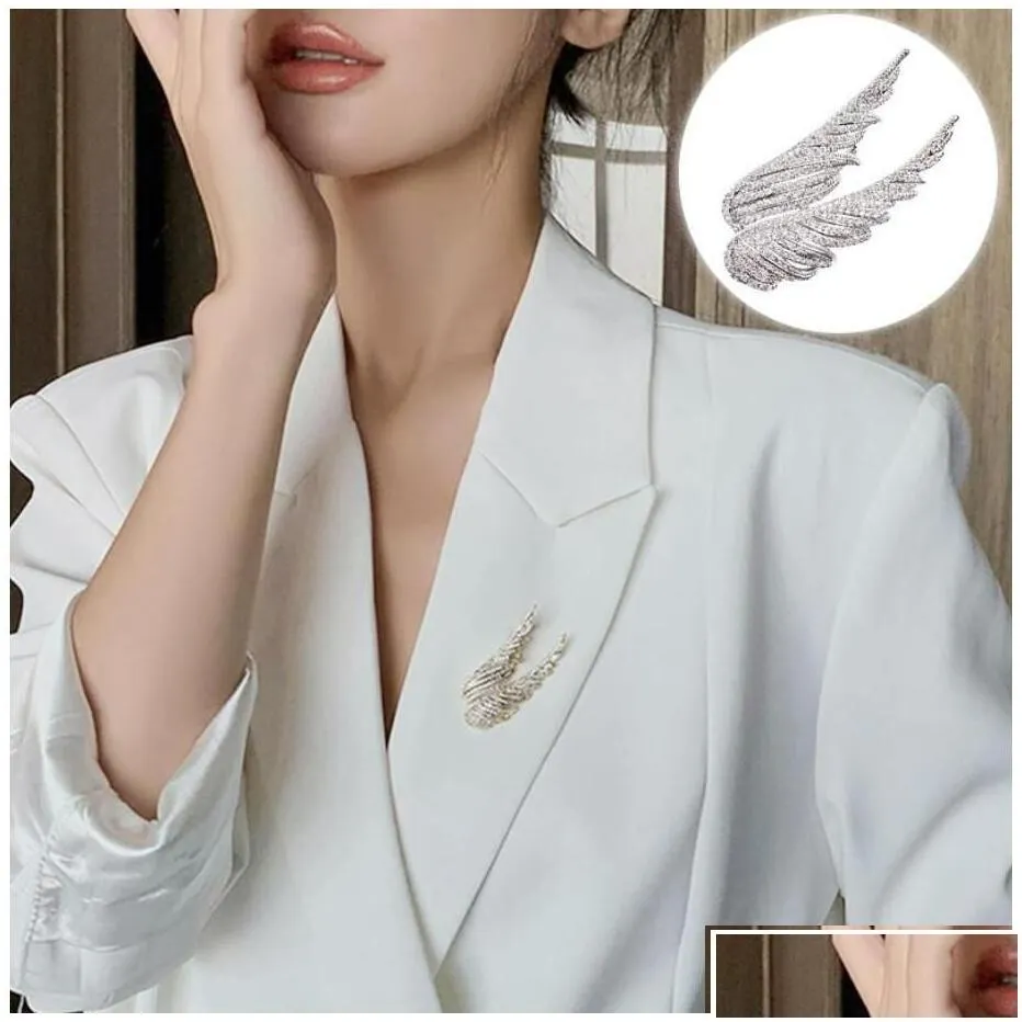 Pins Brooches Rhinestone Crystal Angel Wings Brooch Suit Female High-End Niche Design Pin Glitter Feather Collar Fashion Clothes De