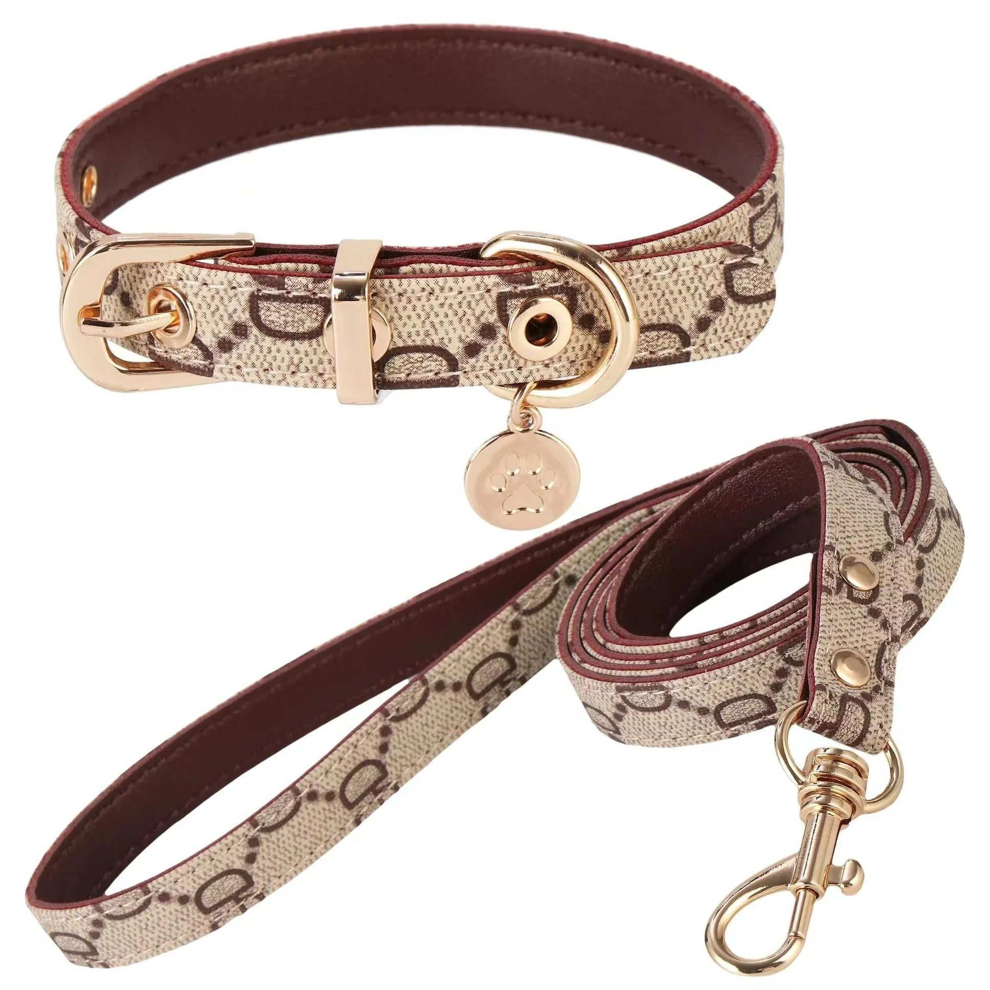 Dog Collars Leashes Dog Collar Leash Set Classic Presbyopia Designer Letters Pattern Print Leashes Pu Leather Fashion Casual Adjusta