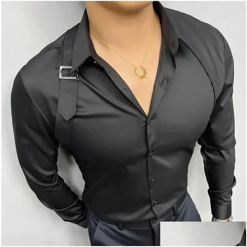 mens casual shirts 2023tuxedo shirt social shoulder strap splicing metal button design mens british fashion slim trend men long