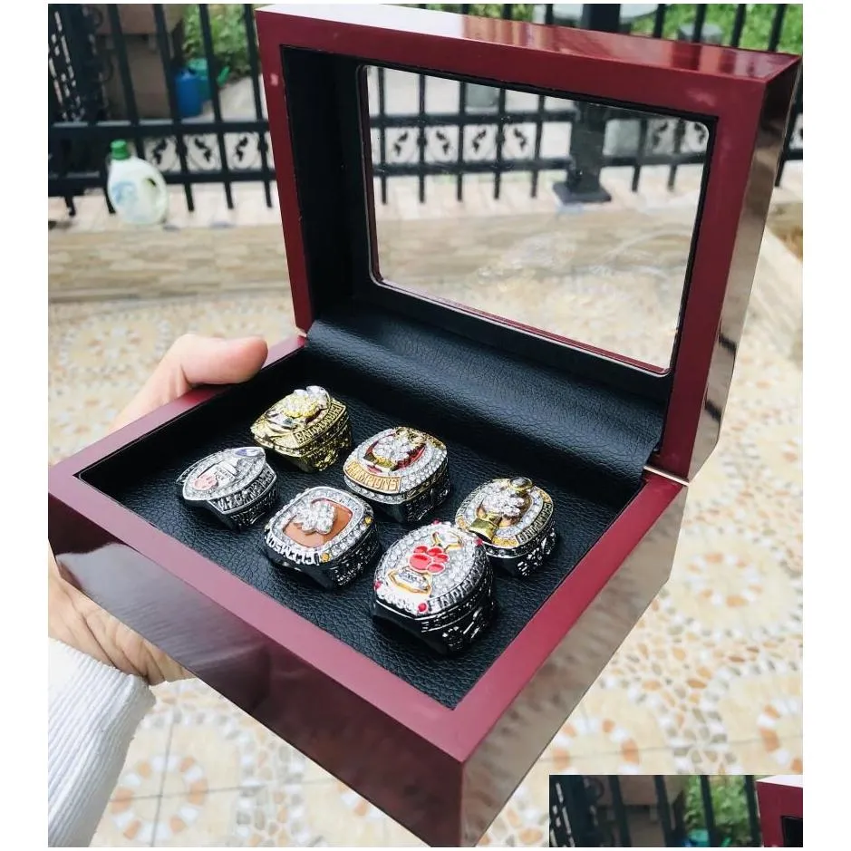 Cluster Rings 6 Pcs Clemson Tigers National Team Champions Championship Ring Set With Wooden Display Box Solid Men Fan Brithday Gift Ot2Hp