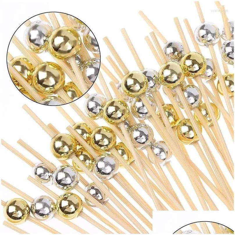 forks 100pcs 12cm gold beads bamboo fruit sticks salad snack fork cocktail decor cake buffet toothpicks wedding party supplies