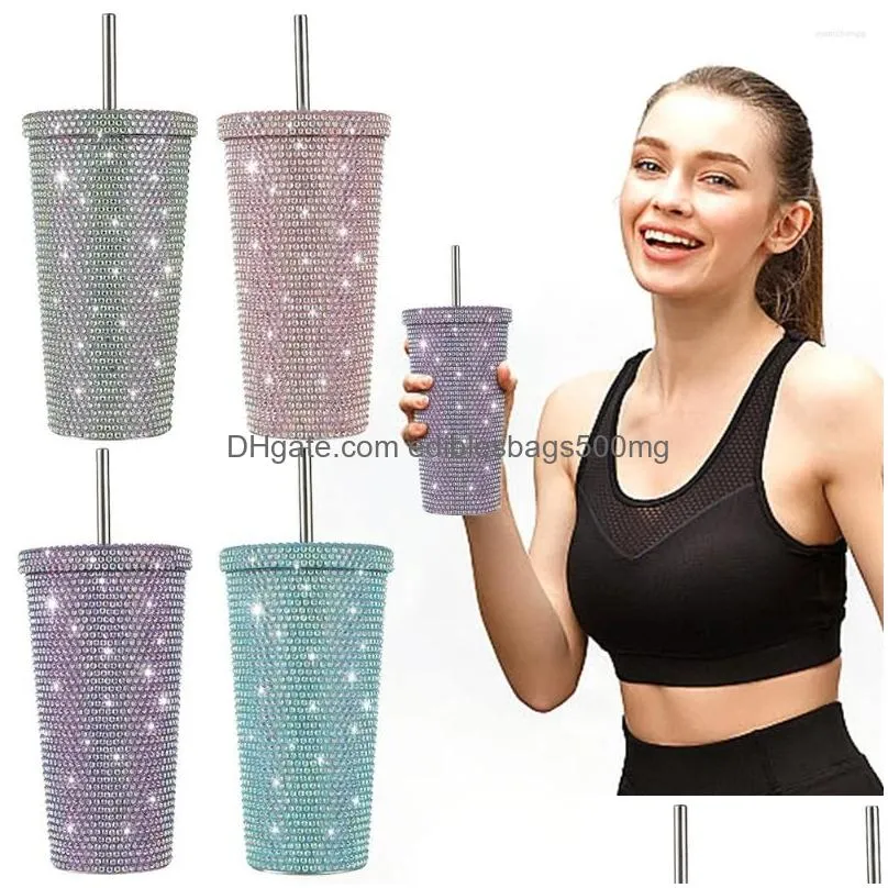 water bottles 500ml straw travel mug sparkling rhinestone insulated cup leakproof 304 stainless steel for outdoor
