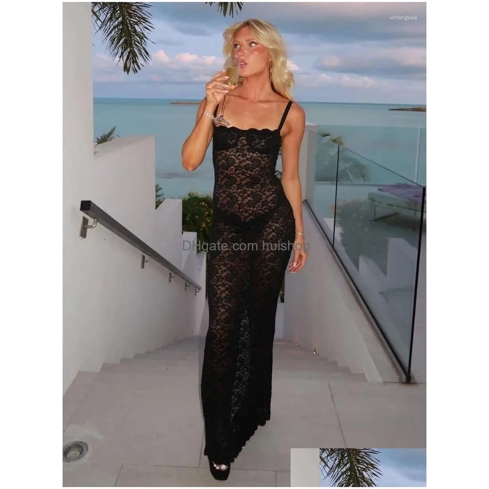 casual dresses elegant lace see through maxi dress women summer sexy spaghetti straps bodycon wedding party 2024 black split long