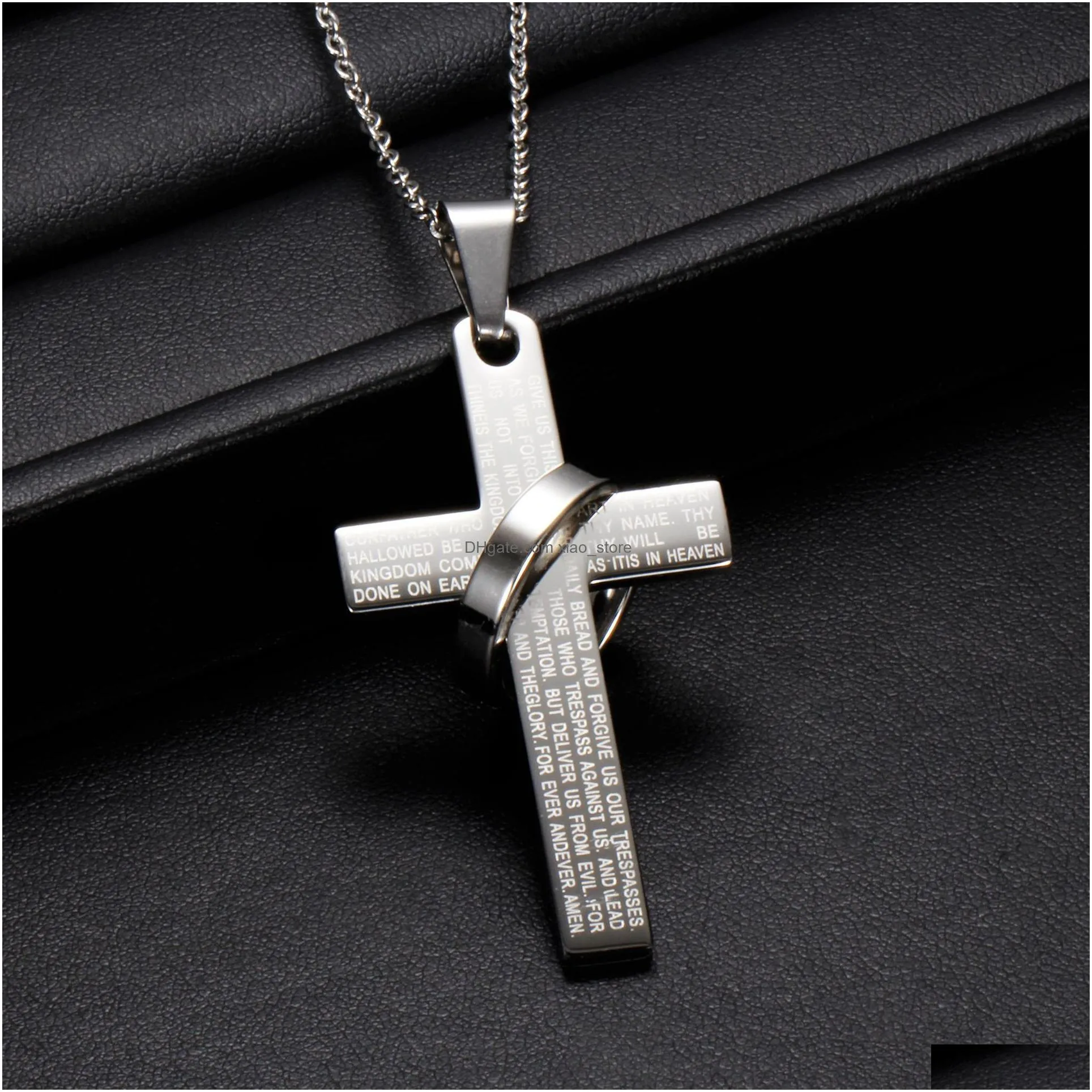 Pendant Necklaces Fashion 316L Stainless Steel Cross Scripture Christian Faith Necklace Tantanium Relius Texts Jewelry Drop Delivery Dhotr