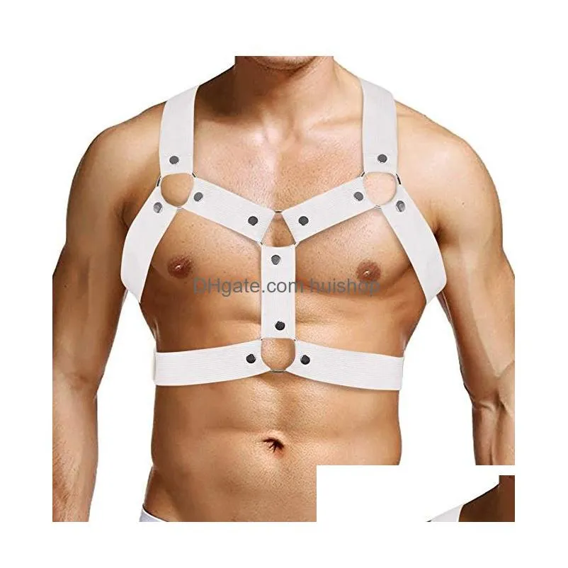 catsuit costumes sexy men elastic shoulder strap chest muscle harness belt with metal o-rings and studs fancy club party costume