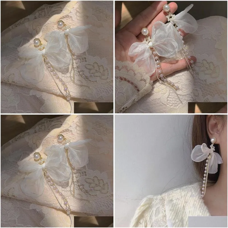 angel white bow tie stud earrings long pearl tassel ear pendant women vintage design korean style luxury earrings simple charm gift ear accessories