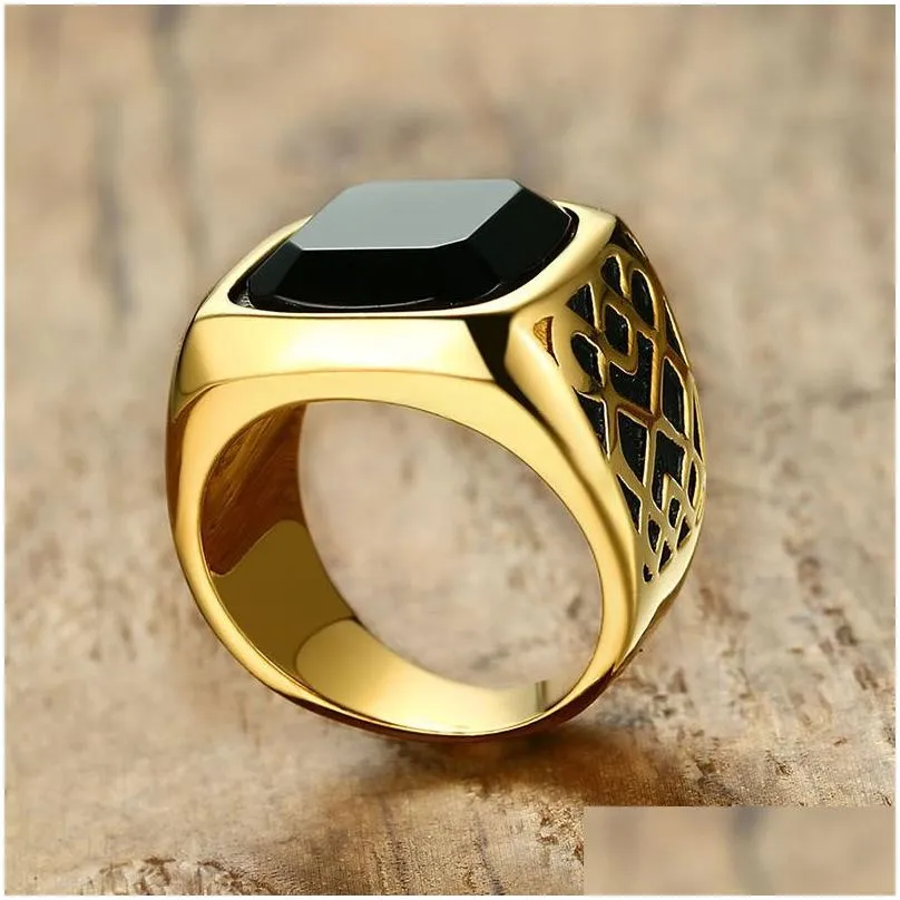men square black carnelian semi-precious stone signet ring in gold tone stainless steel for male jewelry anillos accessories2716