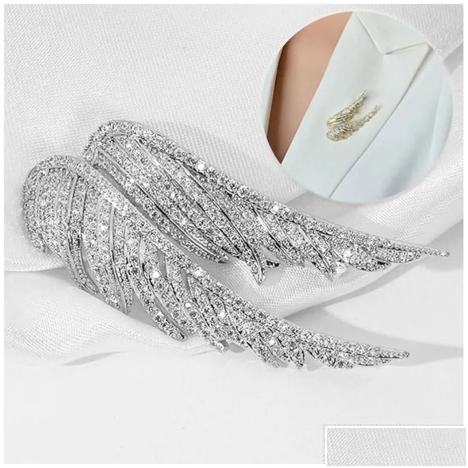 Pins Brooches Rhinestone Crystal Angel Wings Brooch Suit Female High-End Niche Design Pin Glitter Feather Collar Fashion Clothes De