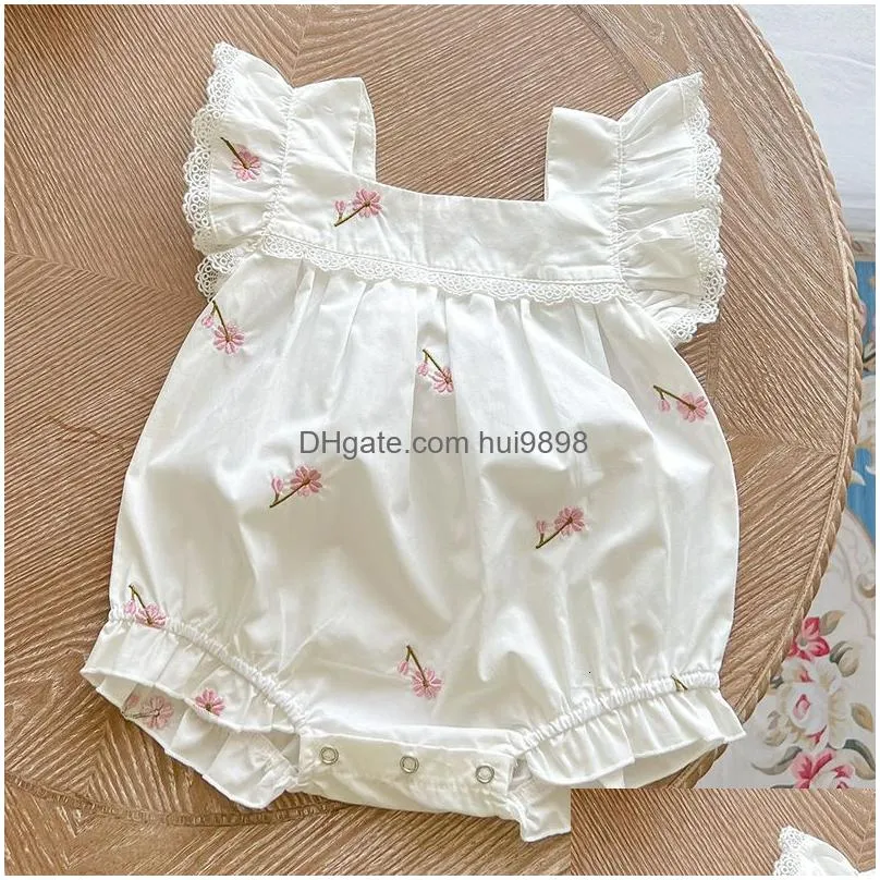 Rompers Born Baby Girls Jumpsuit Flying Sleeve Cotton Flower Embroidery Toddler Girl Bodysuits Clothes For Summer 230529 Drop Delive Dhuxw