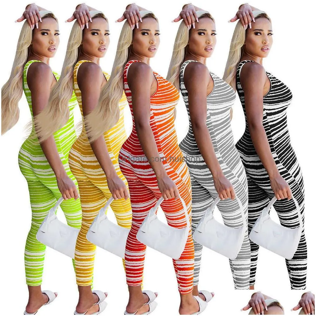 Womens Jumpsuits Rompers 2023 Bodysuit One Piece Fashion Stripe Jumpsuit Deep V Tie Zipper Bodycon Drop Delivery Apparel Clothing Dhrj6