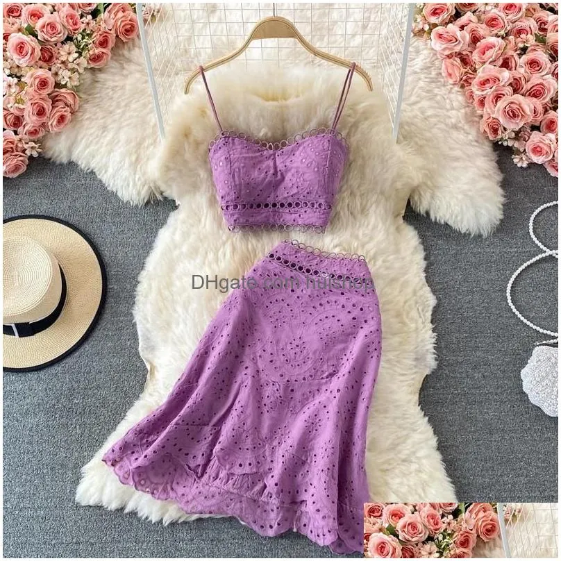 work dresses summer elegant casual fashion skirts suit women hallow out sleeveless tanks tops a-line saya two pieces set female