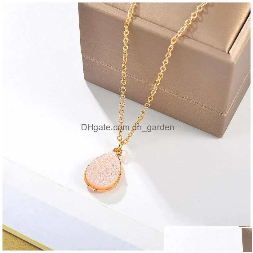 Pendant Necklaces High Quality Teardrop Resin Stone Crystal Druzy Pendant Necklace For Women Gold Plating White Pink Blue Fa Dhgarden