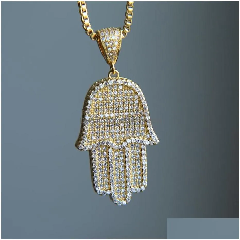Pendant Necklaces High Quality Hip Hop Bling Box Chain 24 Women Men Couple Gold Sier Color Iced Out Hamsa Hand Pendant Necklace With C Dh1Dl