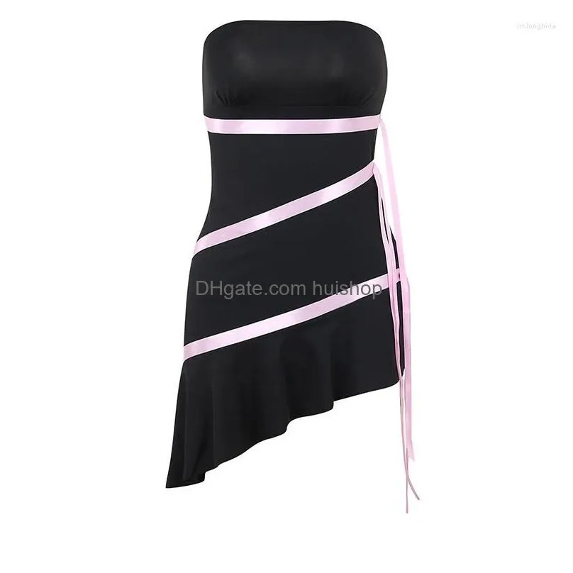 casual dresses sexy slim backless ribbon strapless short dress for women 2023 summer solid color irregular high waist fashion df719