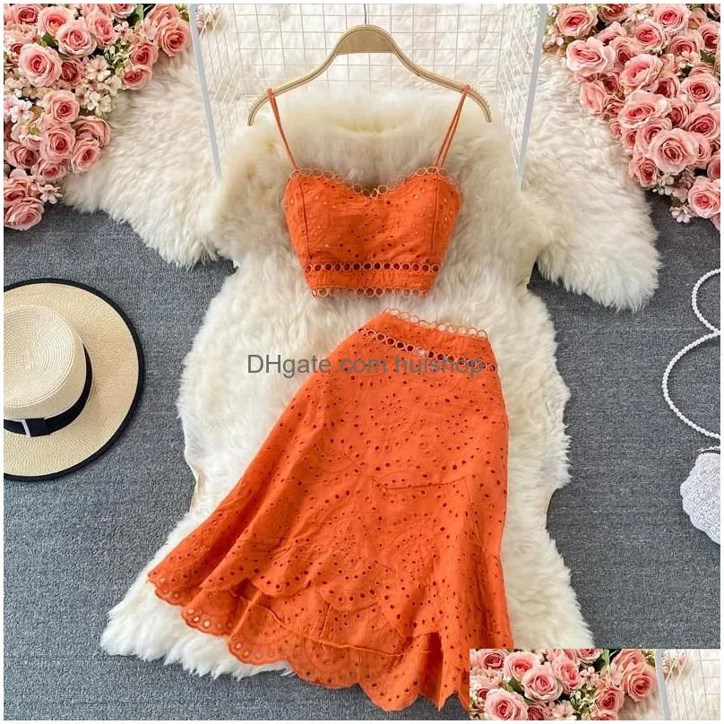 work dresses summer elegant casual fashion skirts suit women hallow out sleeveless tanks tops a-line saya two pieces set female
