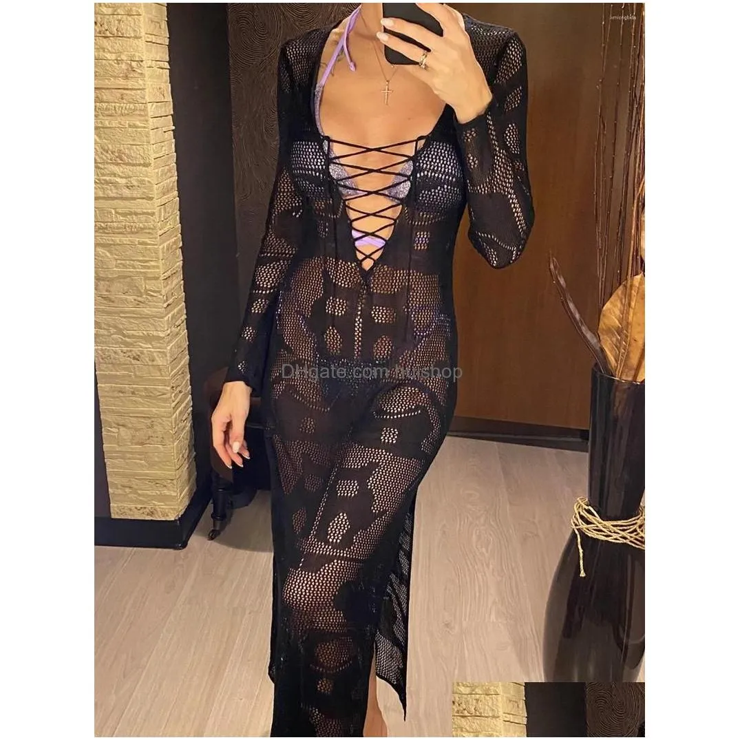 casual dresses deep v dress lace up long sleeve women split maxi cloghet knitted tunic mesh sheer sexy bodycon vestido v4146b