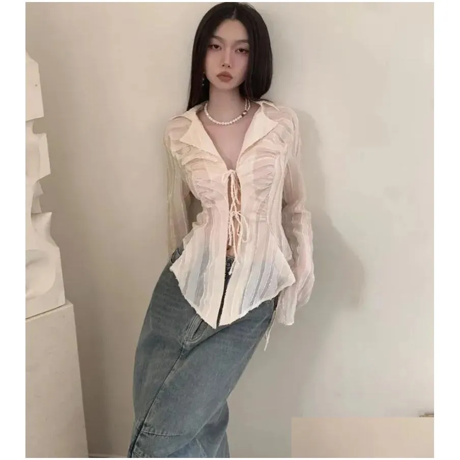 yedinas fairycore lace up blouse women long sleeve spring 2023 turn-down collar women shirt ladies tops korean fashion chic