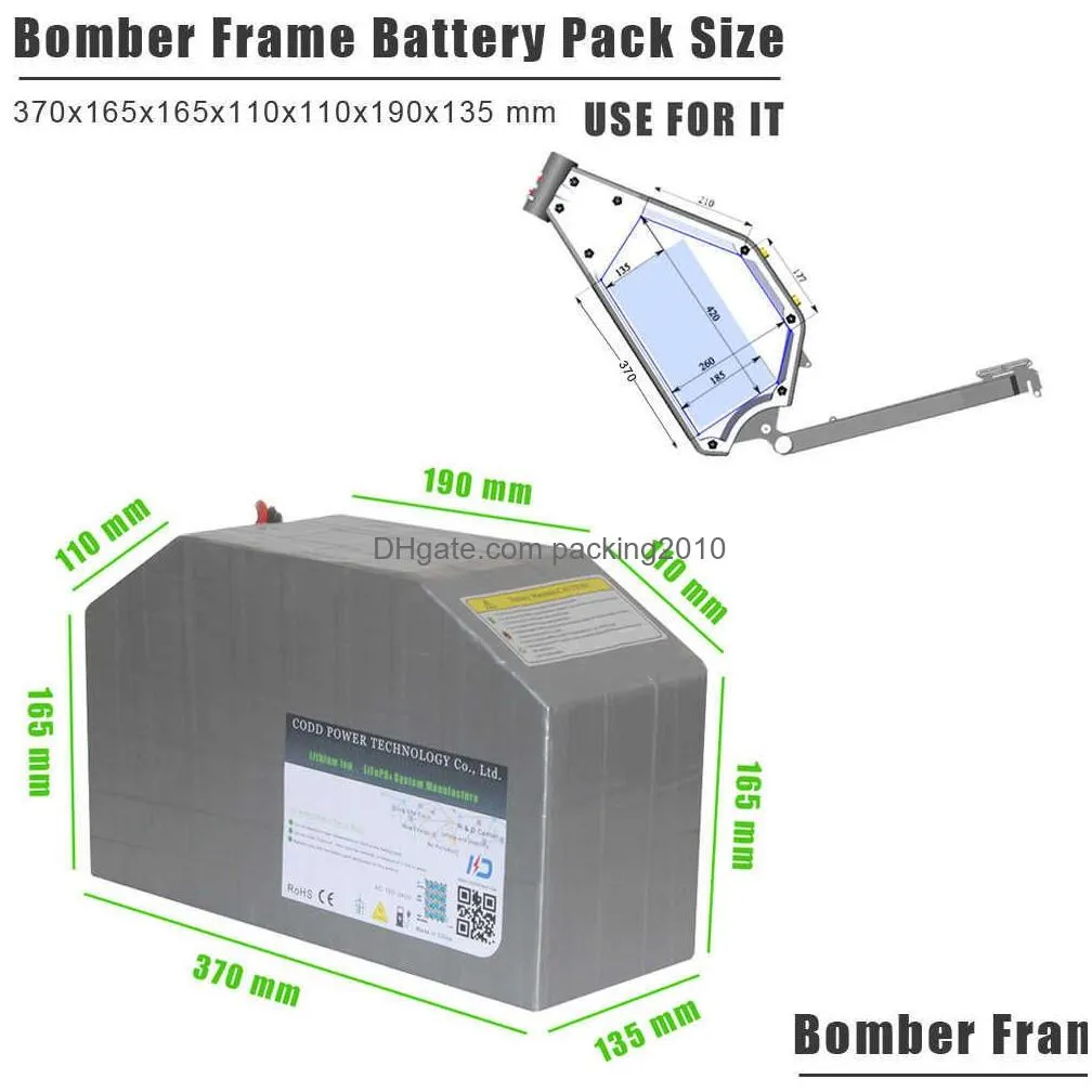 Batteries 72V 60Ah Bomber Electric Bike Frame Polygon Battery Pack With 100A/200A Bluetooth Bms 5A  Drop Delivery Electronics B Dhux5