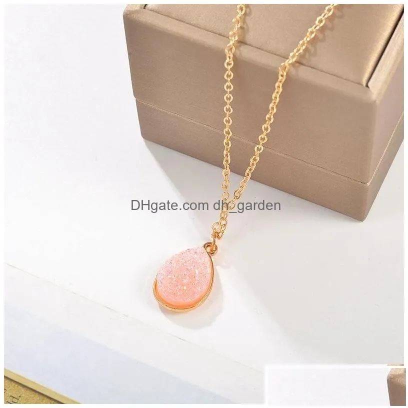 Pendant Necklaces High Quality Teardrop Resin Stone Crystal Druzy Pendant Necklace For Women Gold Plating White Pink Blue Fa Dhgarden