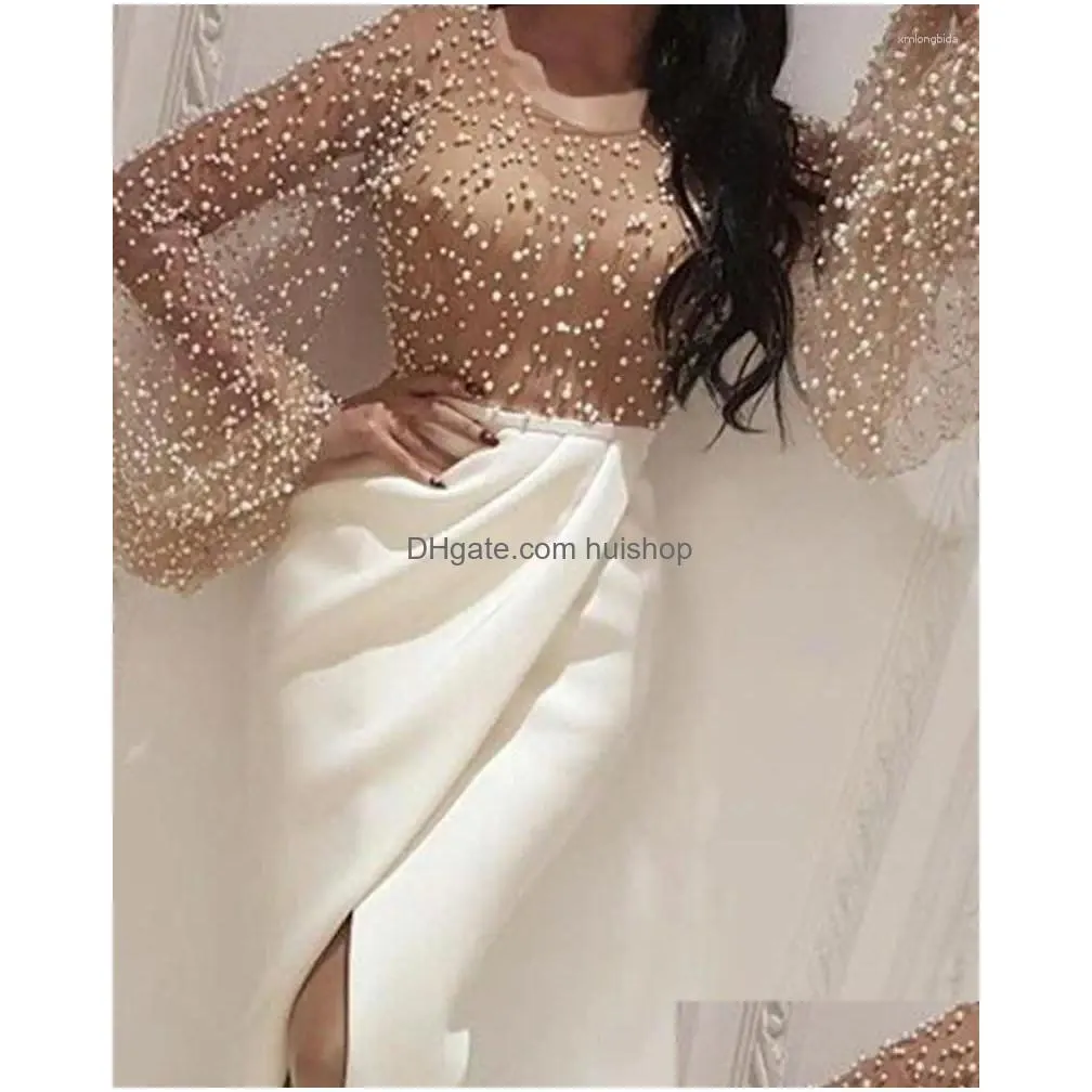 casual dresses beaded embellished meshwork slit dress women elegant formal gown maxi female lantern sleeve long party