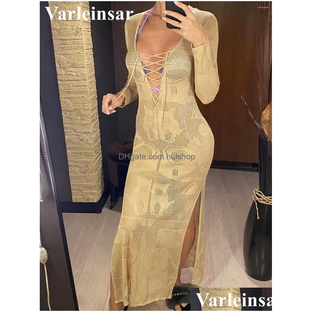 casual dresses deep v dress lace up long sleeve women split maxi cloghet knitted tunic mesh sheer sexy bodycon vestido v4146b