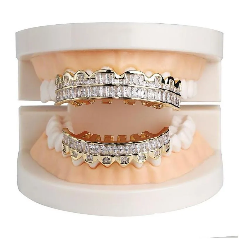 grillz dental grills baguette set teeth grillz top bottom rose gold sier color mouth hip hop fashion jewelry rapper 871 q2 drop