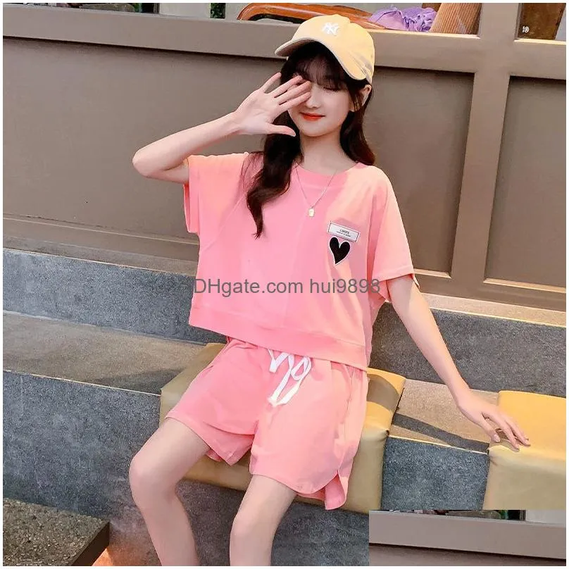 clothing sets summer kids tracksuit child girls clothes heart print tshirt sport shorts teenager 7 10 11 12 year 230601