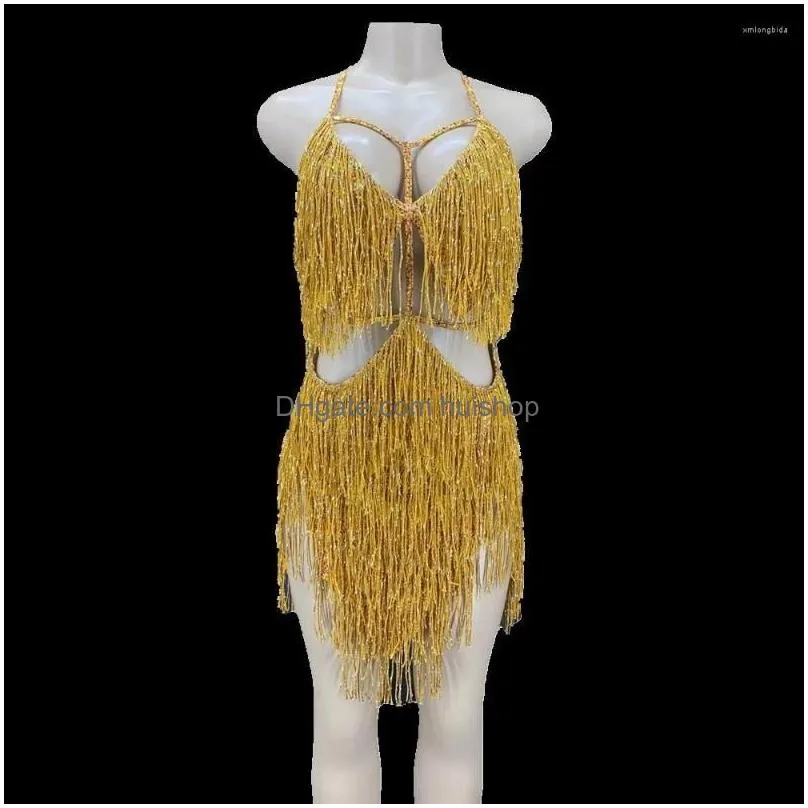 stage wear gold fringes dance costume party outfit tassel bodysuit evening birthday show gogo performance dress
