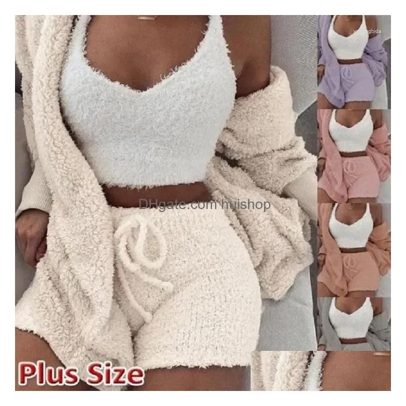 womens sleepwear cozy knit 3 pieces set fluffy pajamas women casual tank top and shorts plus size hoodie leisure homsuit winter