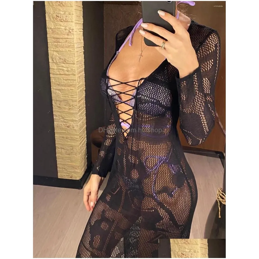 casual dresses deep v dress lace up long sleeve women split maxi cloghet knitted tunic mesh sheer sexy bodycon vestido v4146b