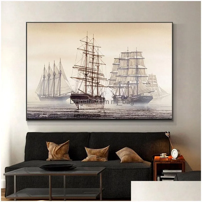 Paintings Natural Abstract Boat Landscape Oil Painting On Canvas Cuadros Mediterran Posters And Prints Wall Art Picture For Living Roo Dhfjs