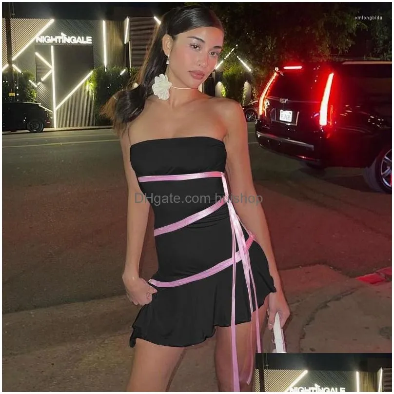 casual dresses sexy slim backless ribbon strapless short dress for women 2023 summer solid color irregular high waist fashion df719