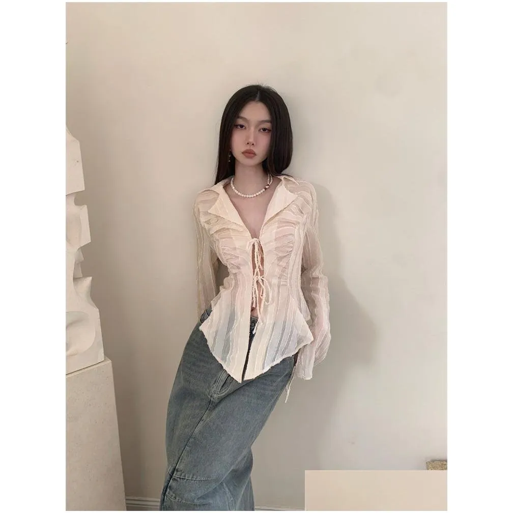 yedinas fairycore lace up blouse women long sleeve spring 2023 turn-down collar women shirt ladies tops korean fashion chic