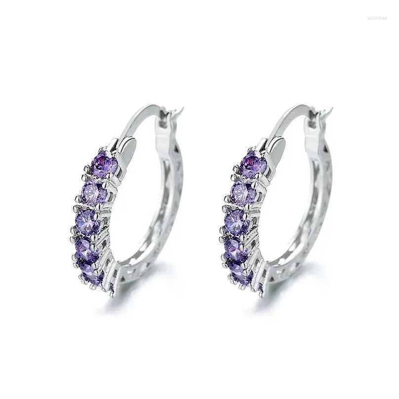 hoop earrings stamp inlaid purple zircon women hollow ear buckle loop korean valentines day silver color jewelry