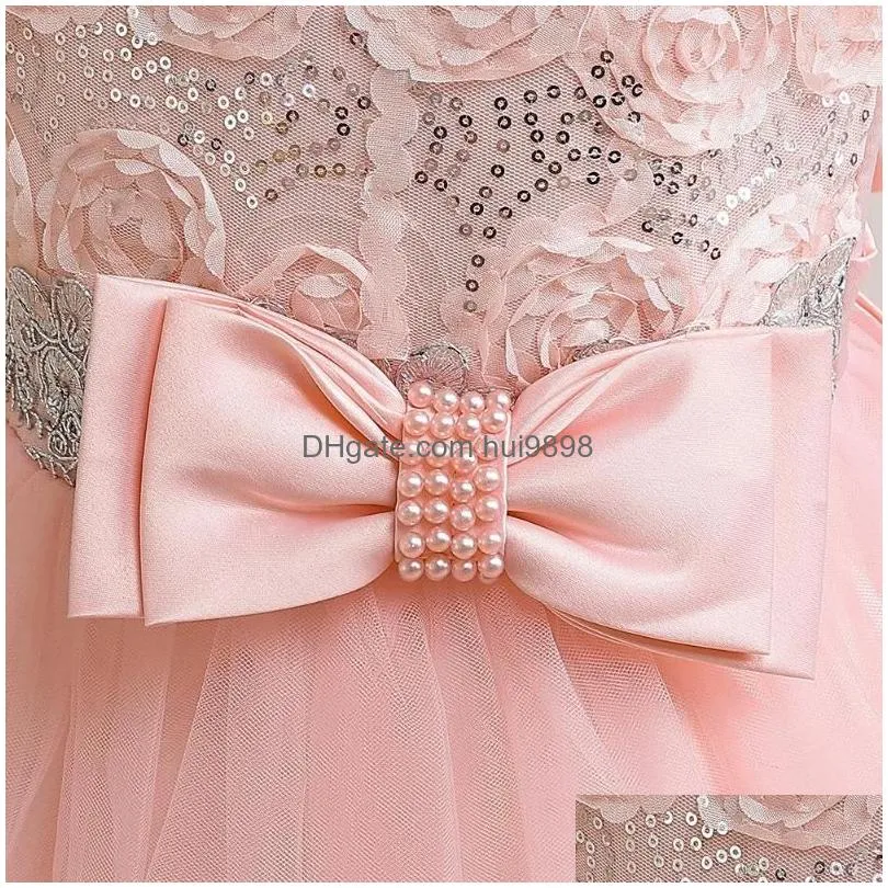 girl dresses summer pink party dress for girls luxury wedding ceremony kids ball gown handmade flowers sequins teenager 4 to 14 years